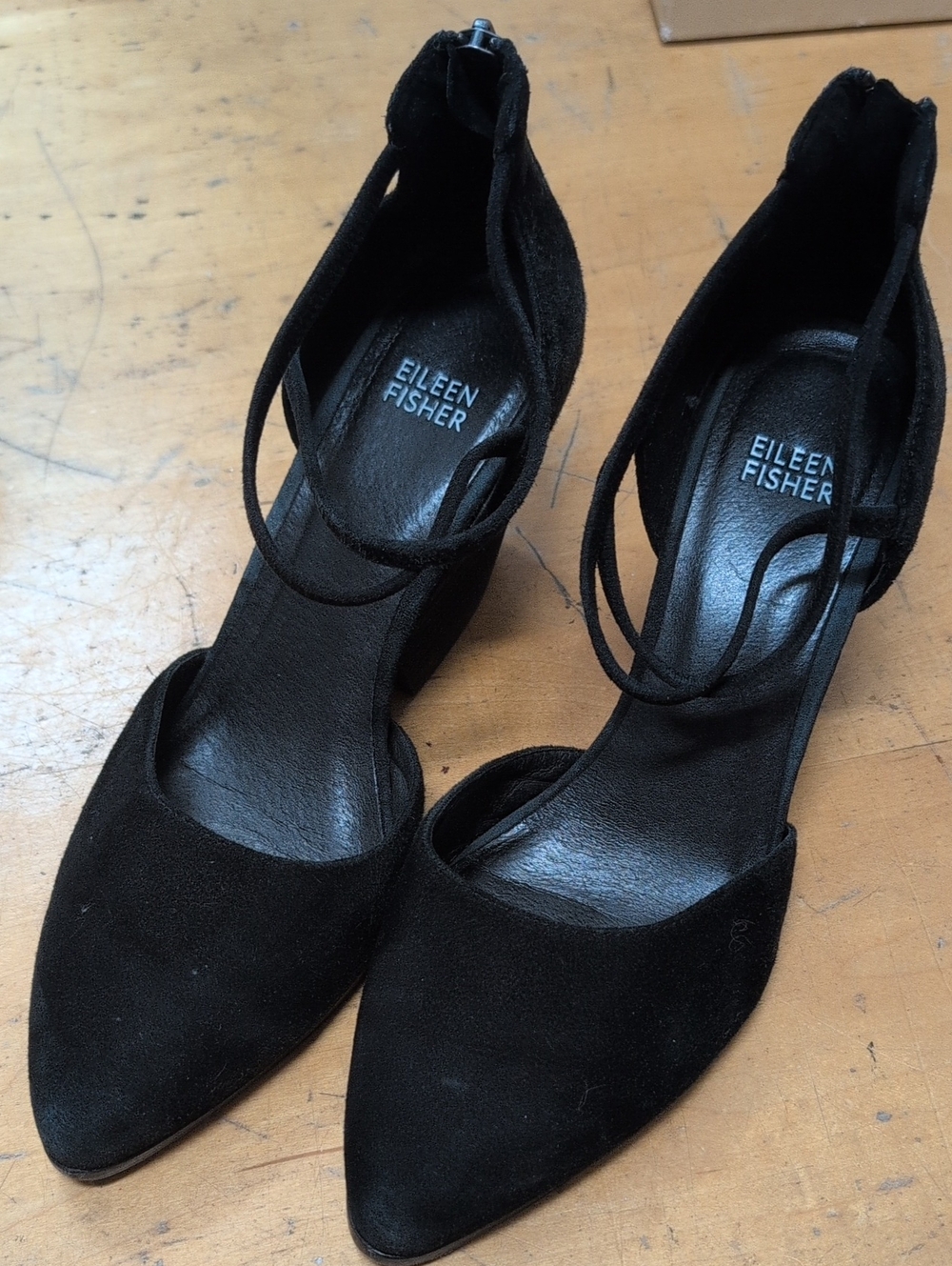 Eileen Fisher Black Suede Pointed Toe Ankle Tie Block Heels